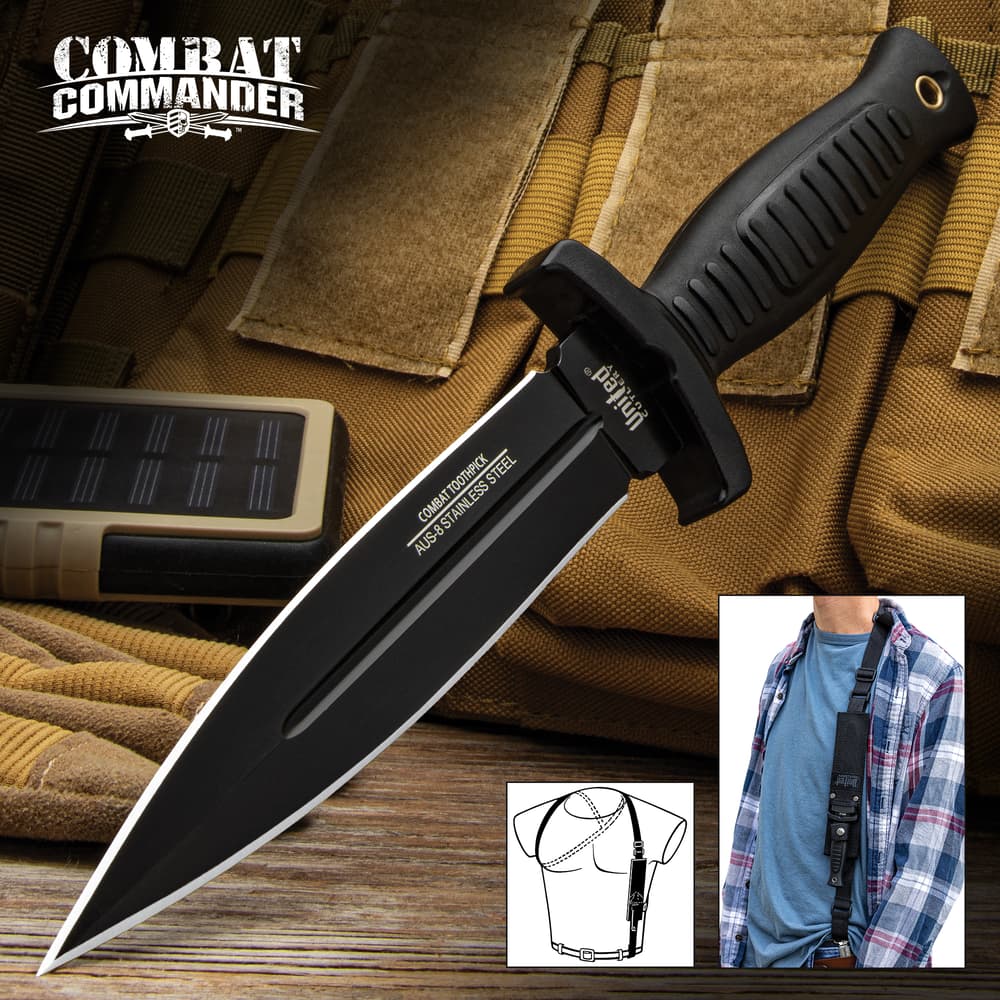 United Cutlery Commander Black Boot Knife and Shoulder Sheath image number 0