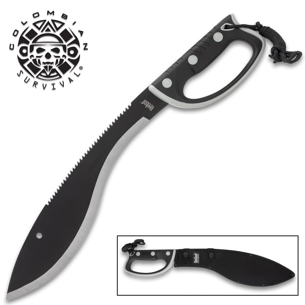 Black kukri machete with serrated back and sheath image number 0