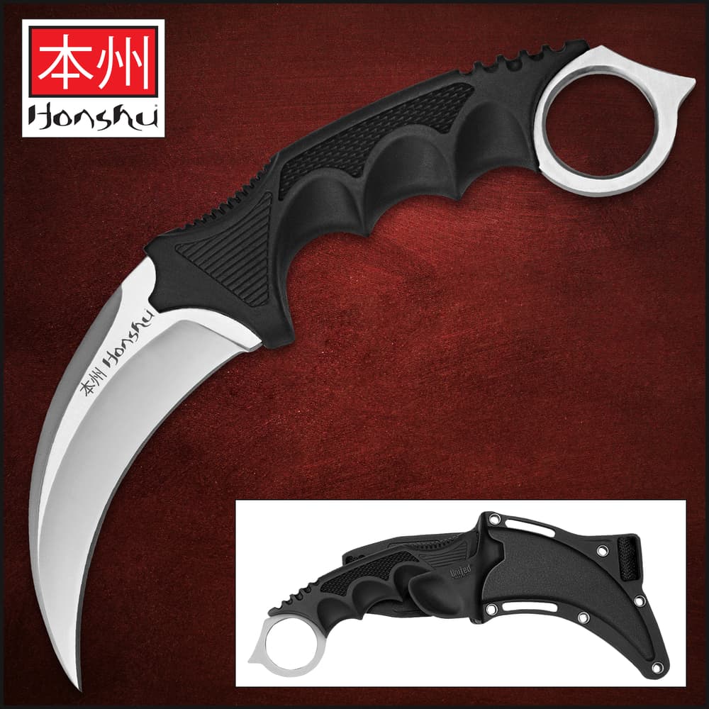 United Cutlery Silver Honshu Karambit With Shoulder Harness Sheath - 7Cr13 Stainless Steel Blade, Over-molded Handle - Length 8 3/4” image number 0