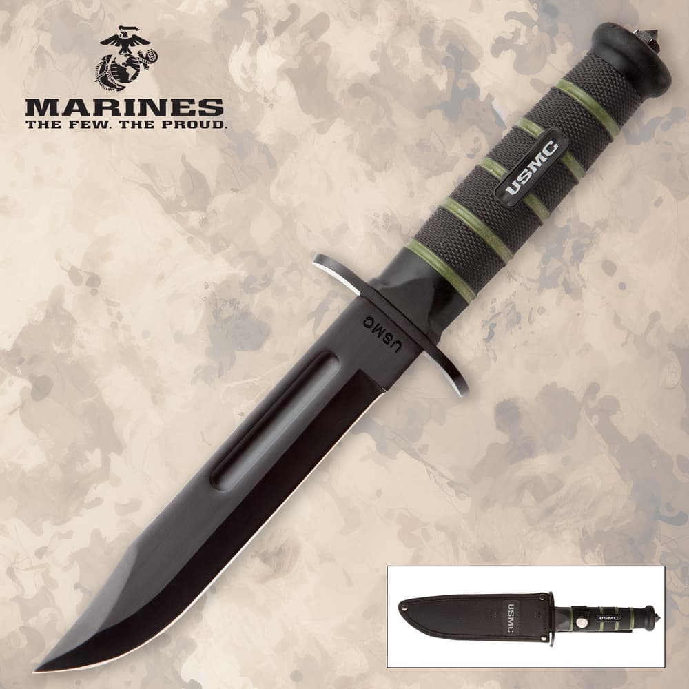 USMC knife with black blade and textured handle image number 0