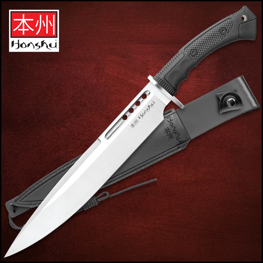 Honshu Boshin Toothpick Knife With Sheath - 7Cr13 Stainless Steel Blade, Contoured TPR Handle, Lanyard Hole - Length 18 3/4” image number 0