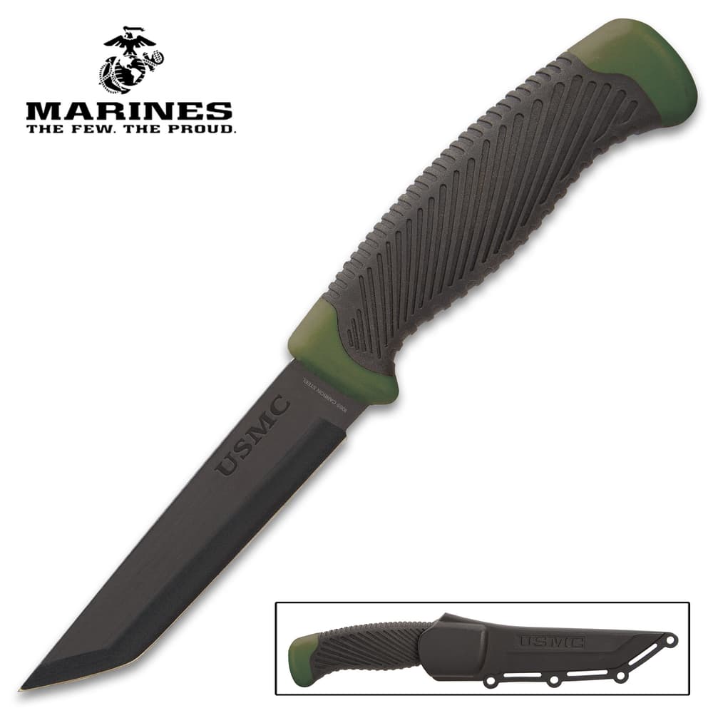 USMC Tactical Tanto Knife With Sheath - 1065 Carbon Steel Blade, Rubberized Handle, No-Slip Grip - Length 8 1/2” image number 0