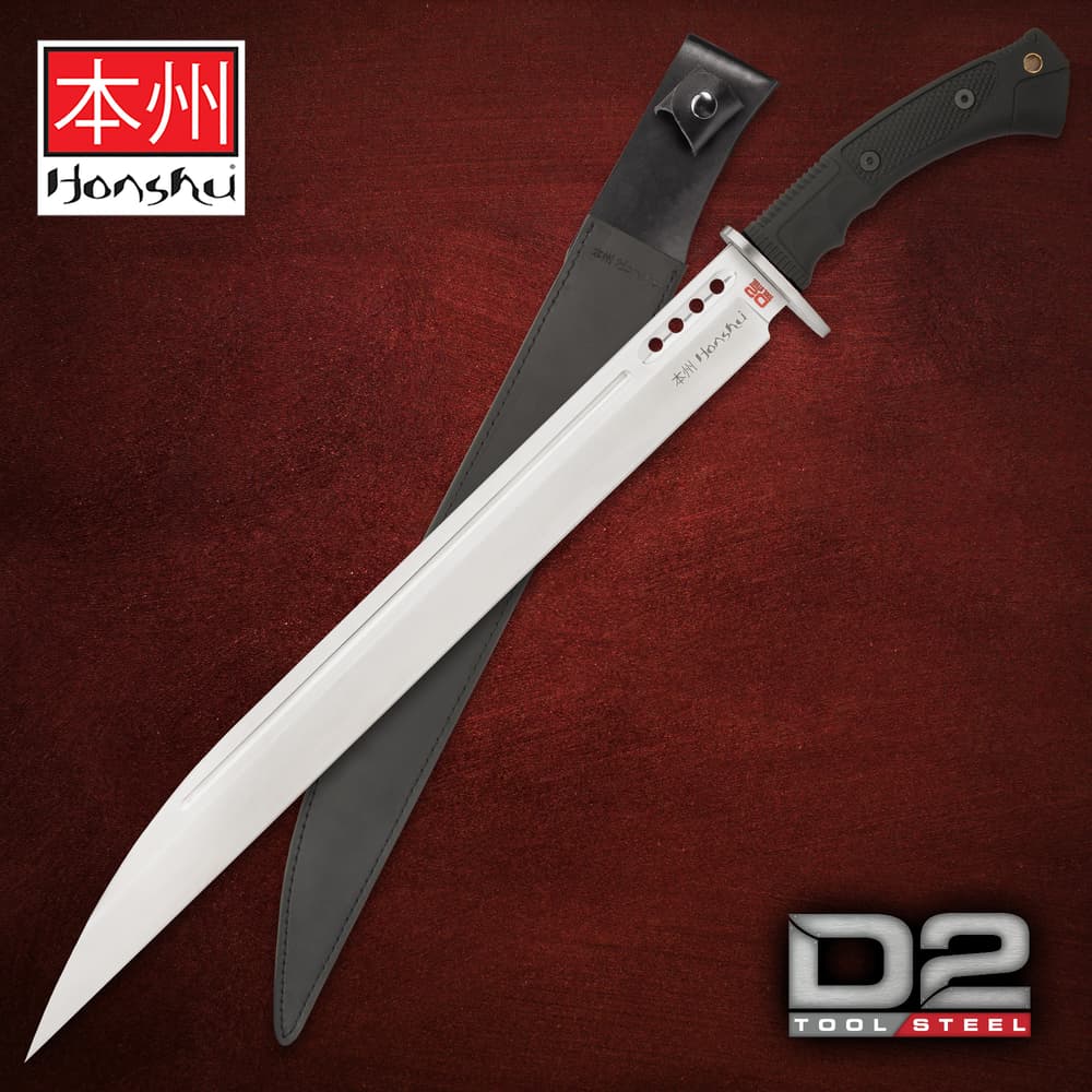 Honshu D2 steel knife with black handle and sheath on red background image number 0