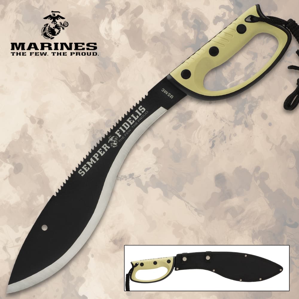 Black kukri knife with serrated edge and yellow handle image number 0