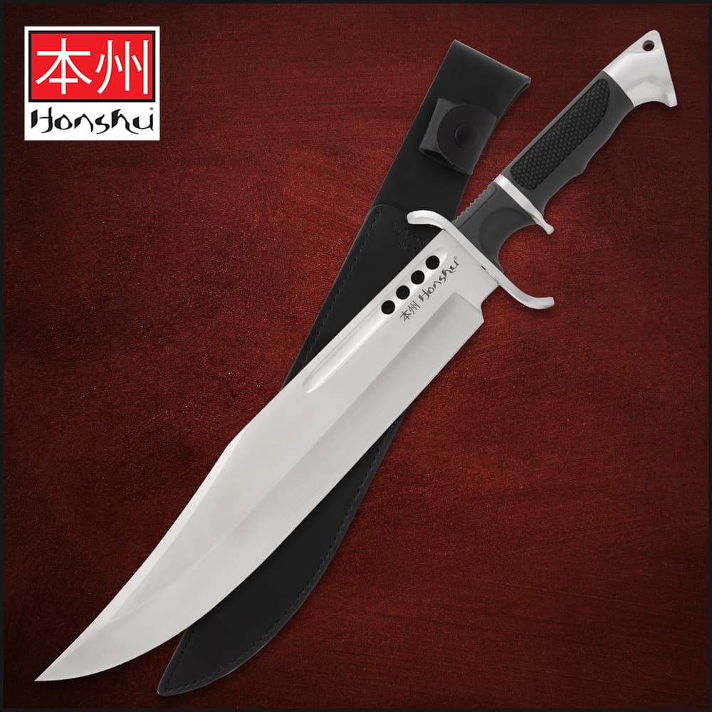 Knife with black handle and sheath on red background image number 0
