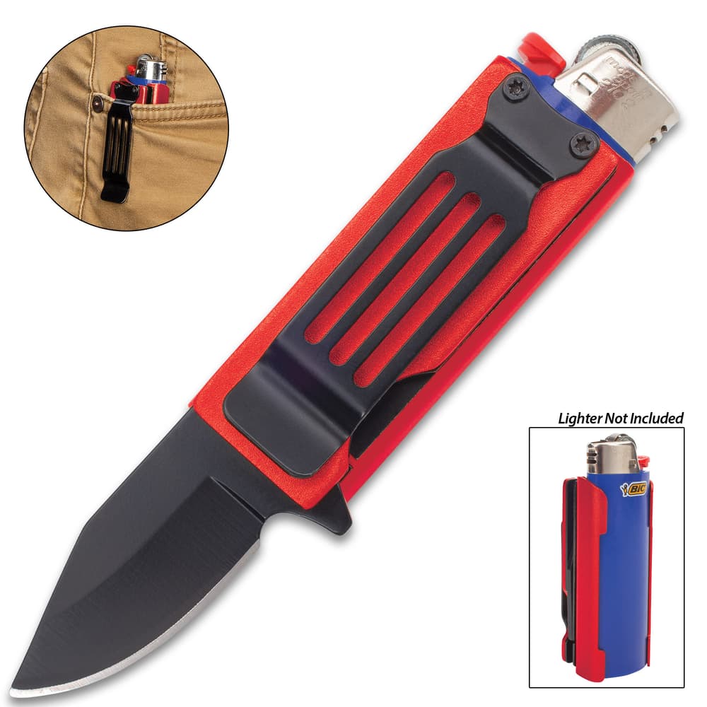 7 different colored (from top to bottom - gold, black, silver, blue, green, yellow, red) pocket knife/lighter combination with black pocket clip. image number 0