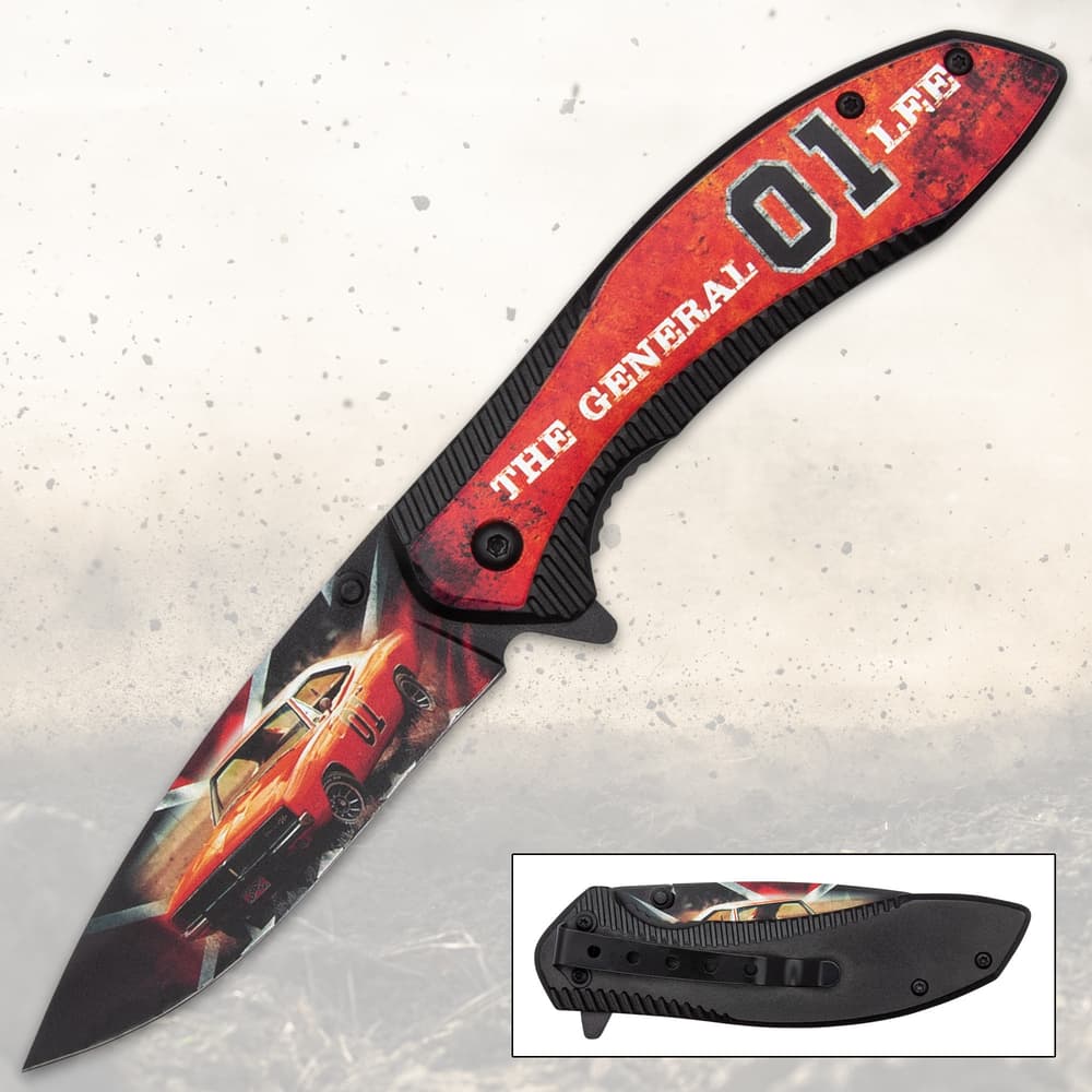 Folding knife with car design on blade and handle image number 0
