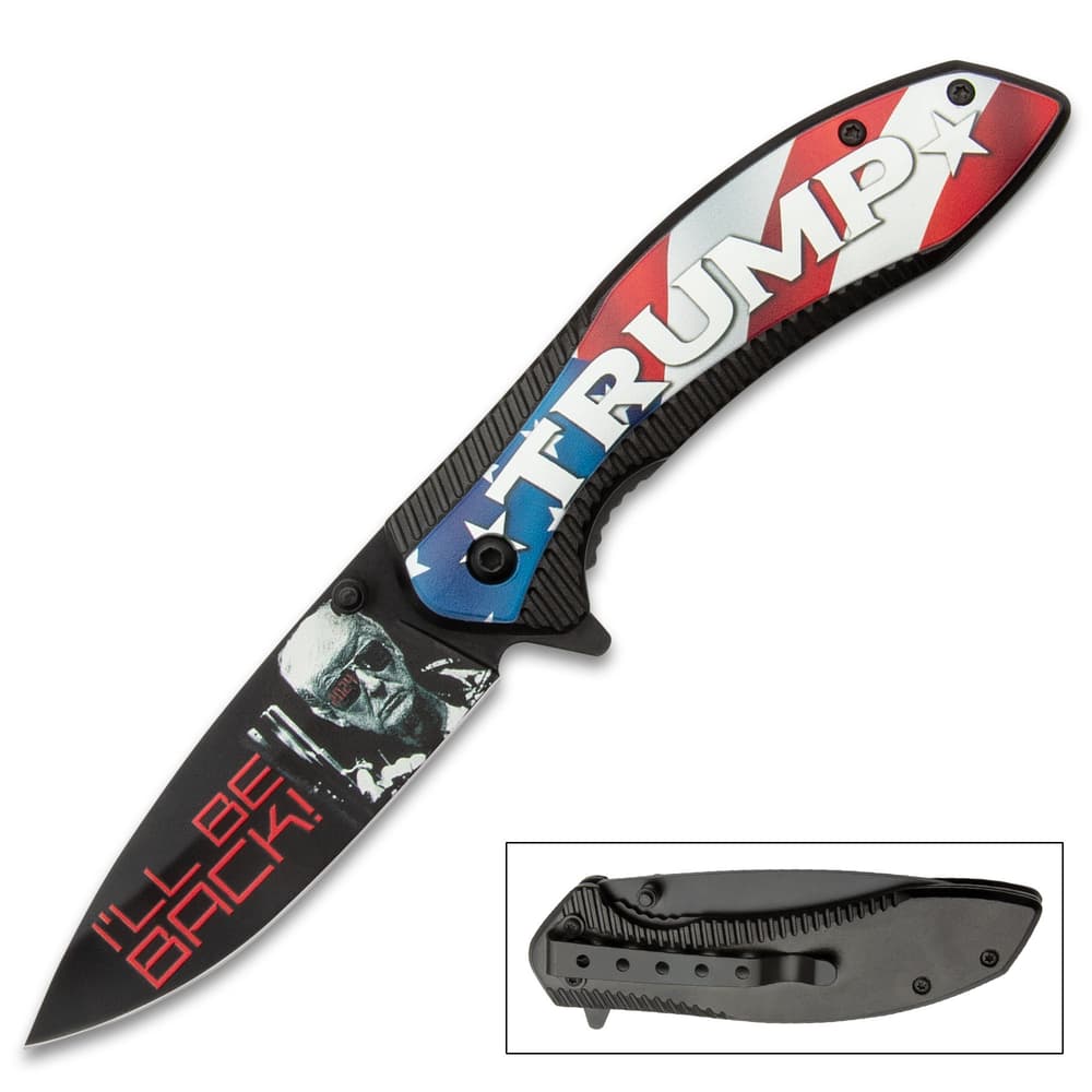 The Trump 2024 Pocket Knife has Trump themed artwork. image number 0