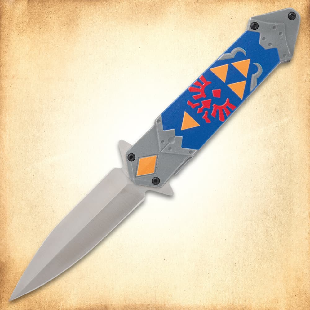 Decorative knife with blue handle and orange symbols image number 0