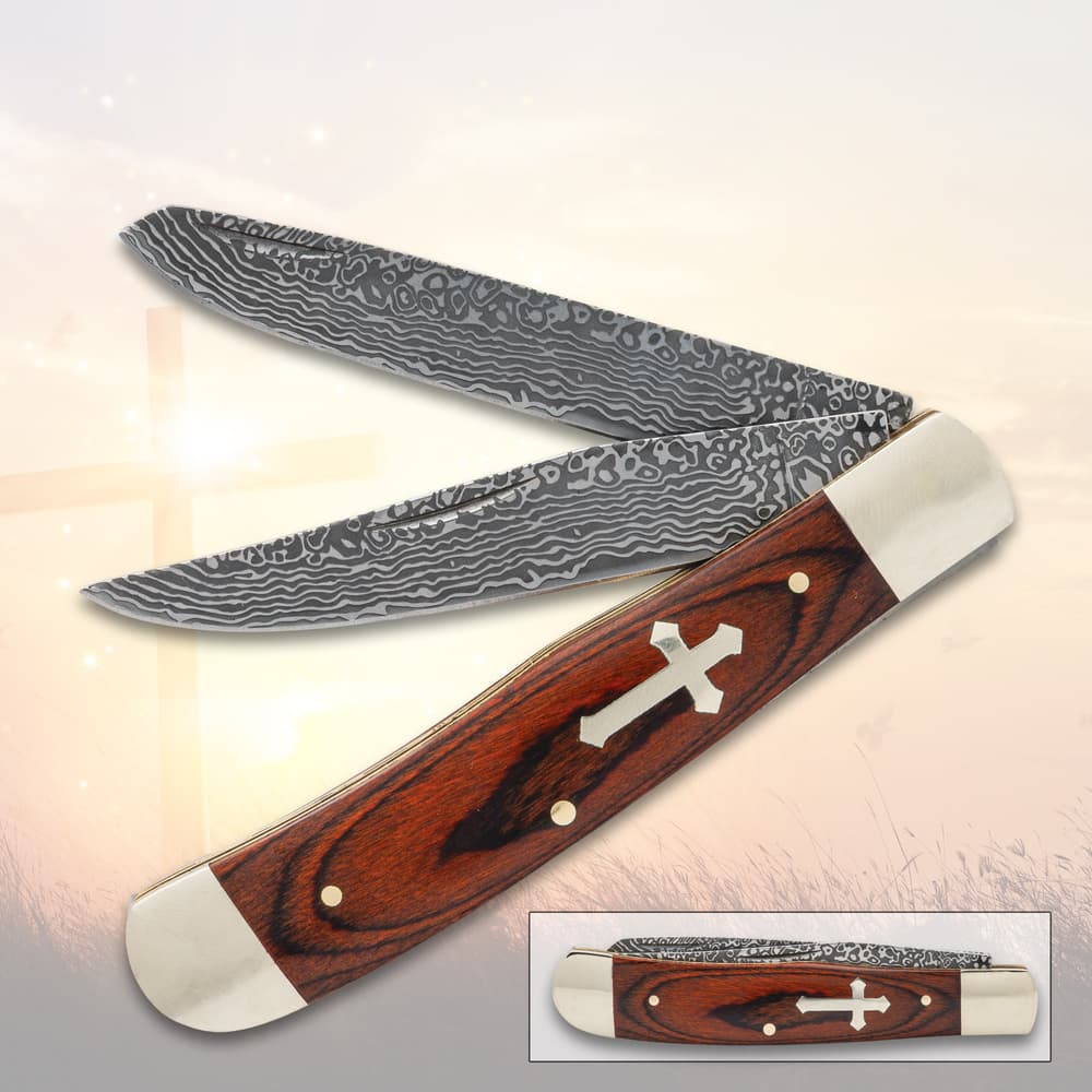 Christian Faux Damascus Pocket Knife Wood image number 0