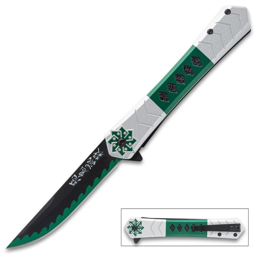 Folding knife with green and silver handle, black blade image number 0