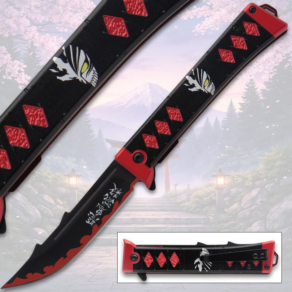 Black and red knife with decorative handle image number 0