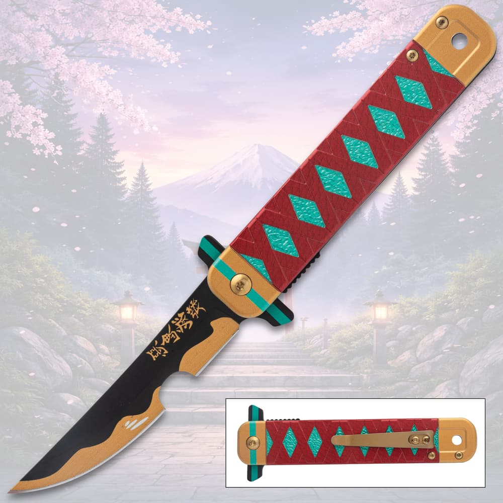 Decorative knife with red and teal handle, mountain background image number 0
