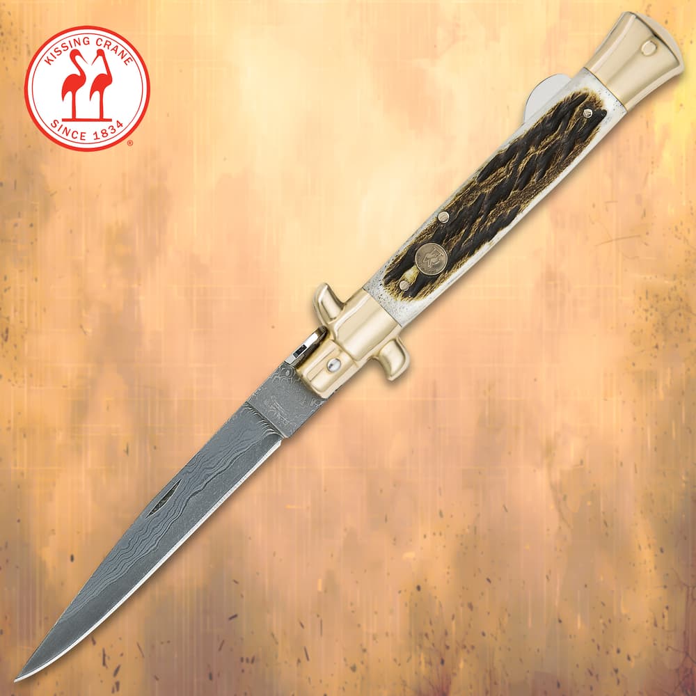 Kissing Crane Burnt Bone Stiletto Knife - Damascus Blade image number 0