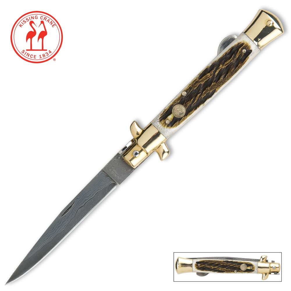 Kissing Crane Burnt Bone Stiletto Knife - Damascus Blade image number 0