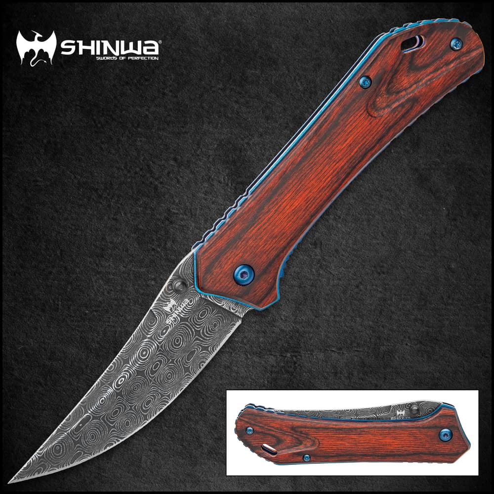 Shinwa Zhanshi Bloodwood Assisted Opening Pocket Knife - Stainless Steel Blade, Wooden Handle Scales, Blue Liners And Pocket Clip image number 0