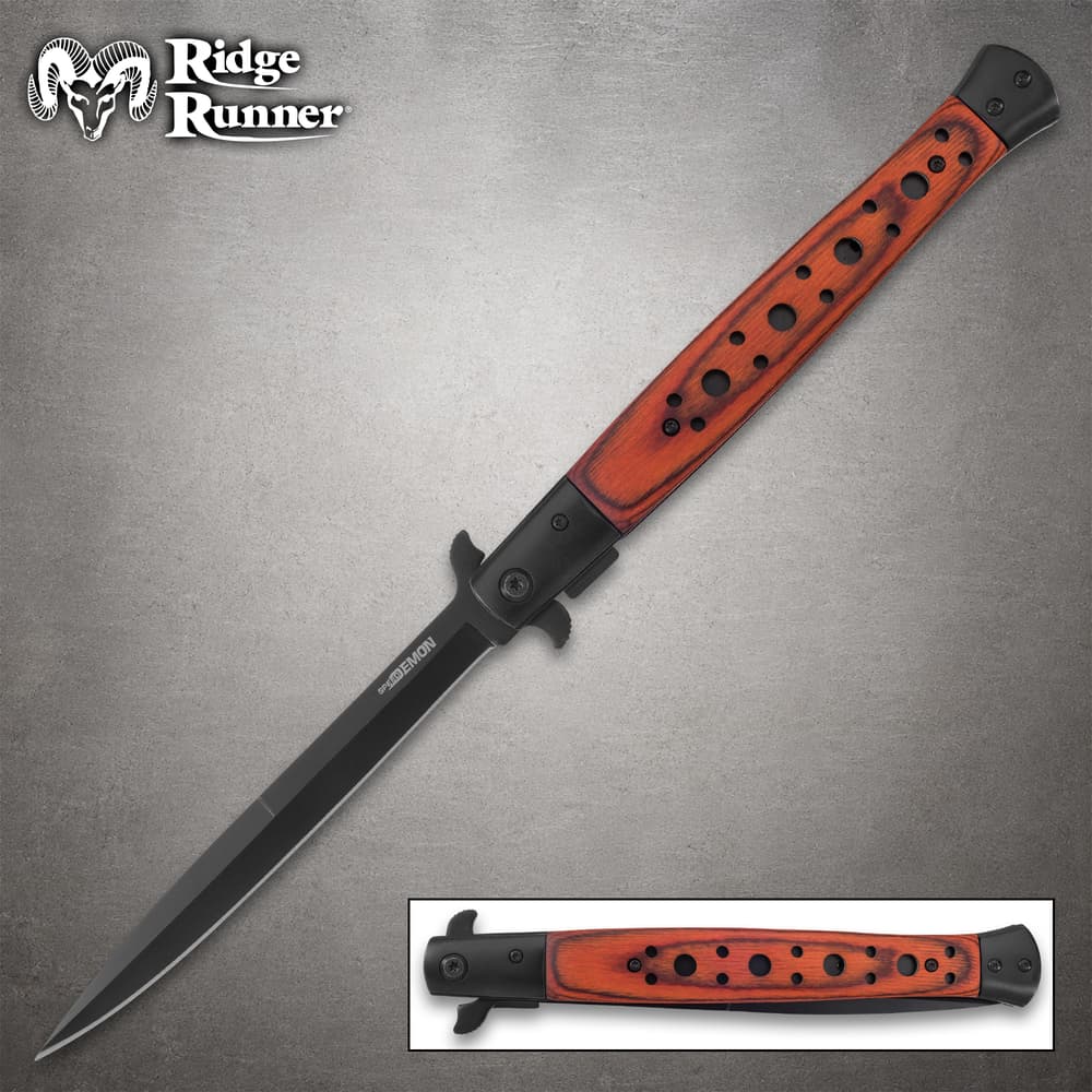 Full view of Ridge Runner Speed Demon brown stiletto knife with wooden handle and black steel blade image number 0
