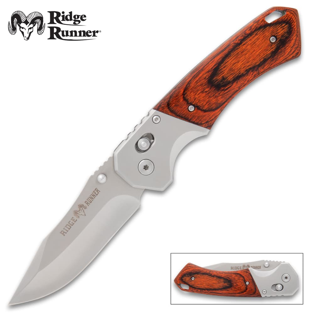 Folding knife with wooden handle and stainless steel blade image number 0