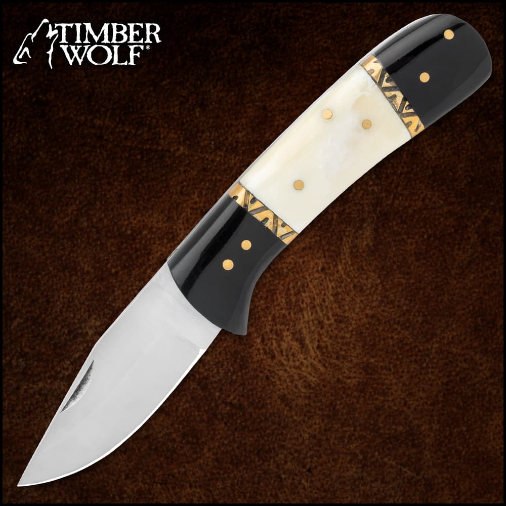 A veiw of the Timber Wolf Dodge City Pocket Knife fully-extended and in case image number 0