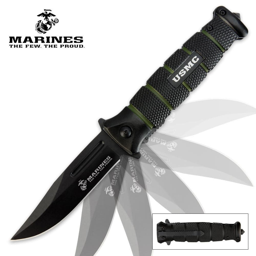 USMC Black and Green Assisted Opening Combat Pocket Knife image number 0