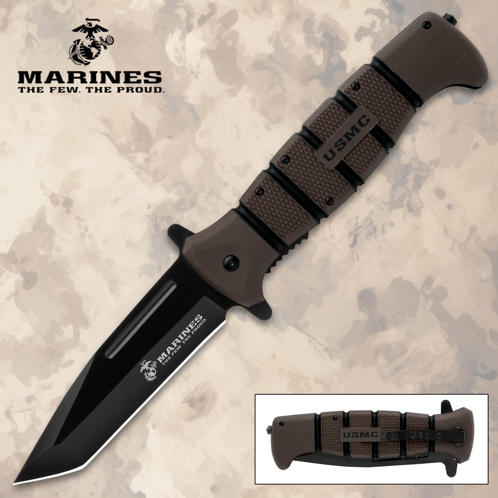 USMC tactical knife with black blade and brown handle image number 0