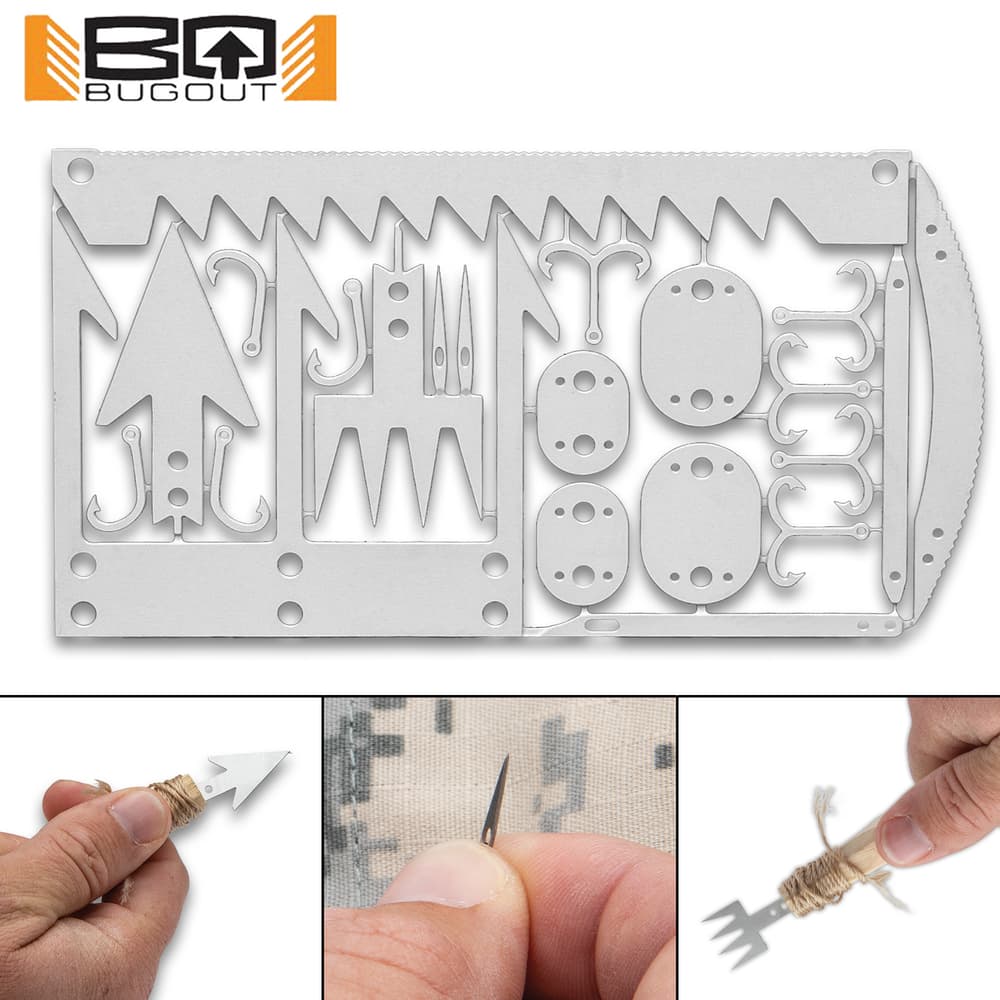 The BugOut Arrow Head Survival Card with some of its tools displayed image number 0