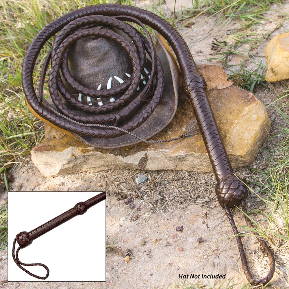 8' Handcrafted Dark Brown Leather Bull Whip - Woven Premium Leather Construction, Wrist Strap, Age-Old Leather Crafting Method image number 0