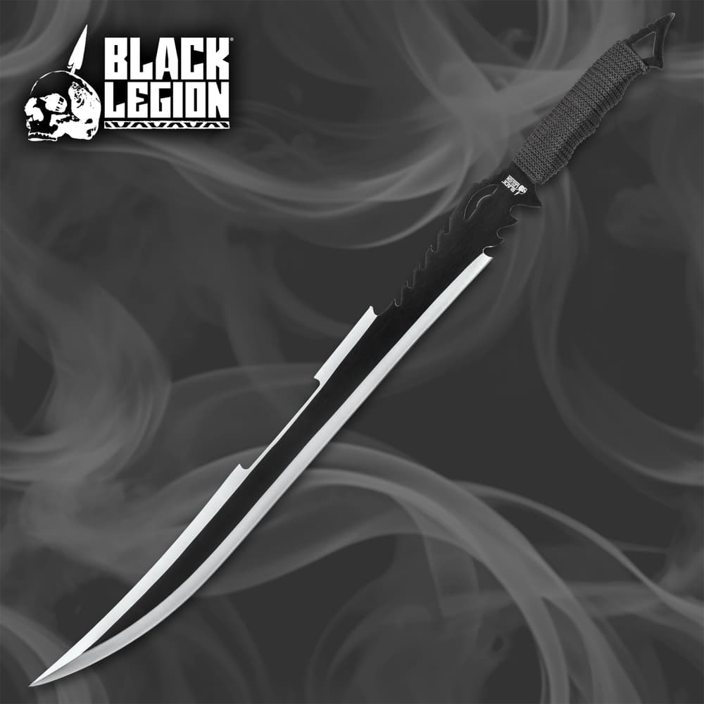 Black Legion Death Stalker Sword shown with jagged cutouts on blade, black nylon sheath, and cord wrapped handle. image number 0
