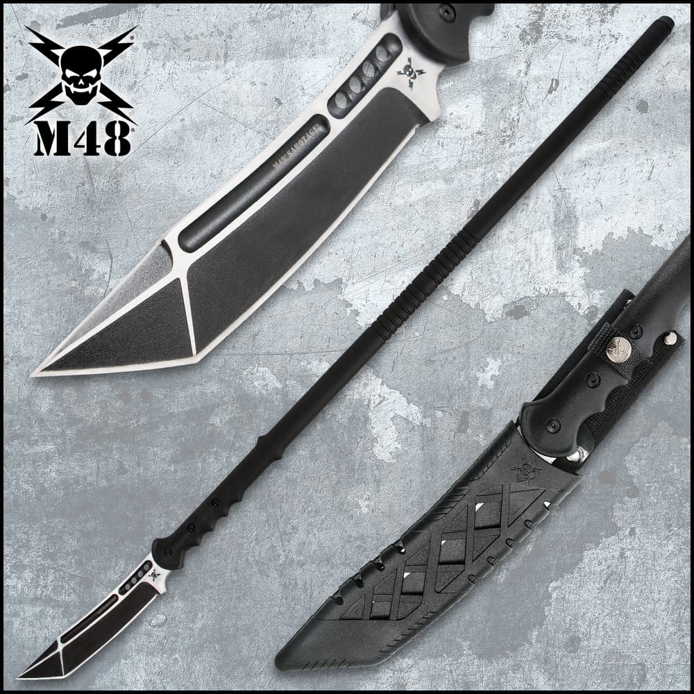 United Cutlery M48 Sabotage Tactical Survival Spear shown with 7 1/4” sharpened edge, black fiberglass and nylon handle, and custom sheath. image number 0