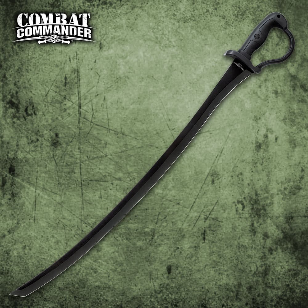 Combat Commander Saber Sword with black coated blade shown laying on tactical gear. image number 0