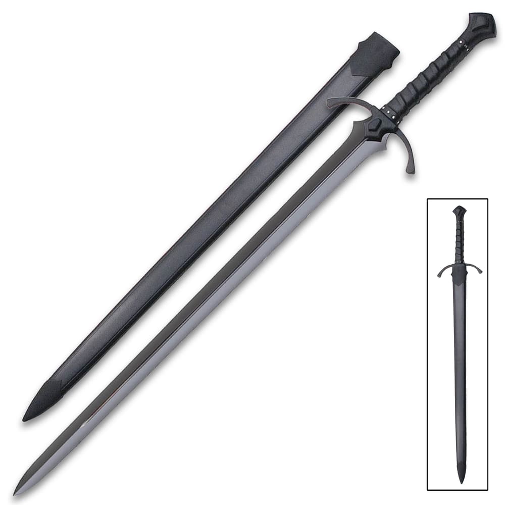 Black sword with high carbon blade and wooden handle wrapped with leather lays adjacent to black scabbard image number 0