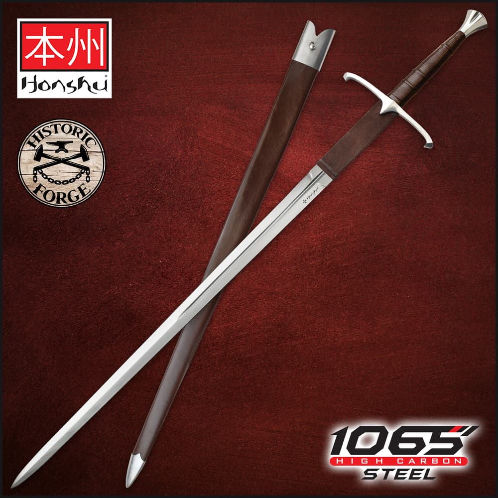 Honshu historic claymore sword featuring a 1065 high carbon steel blade with genuine brown leather wrapped handle image number 0