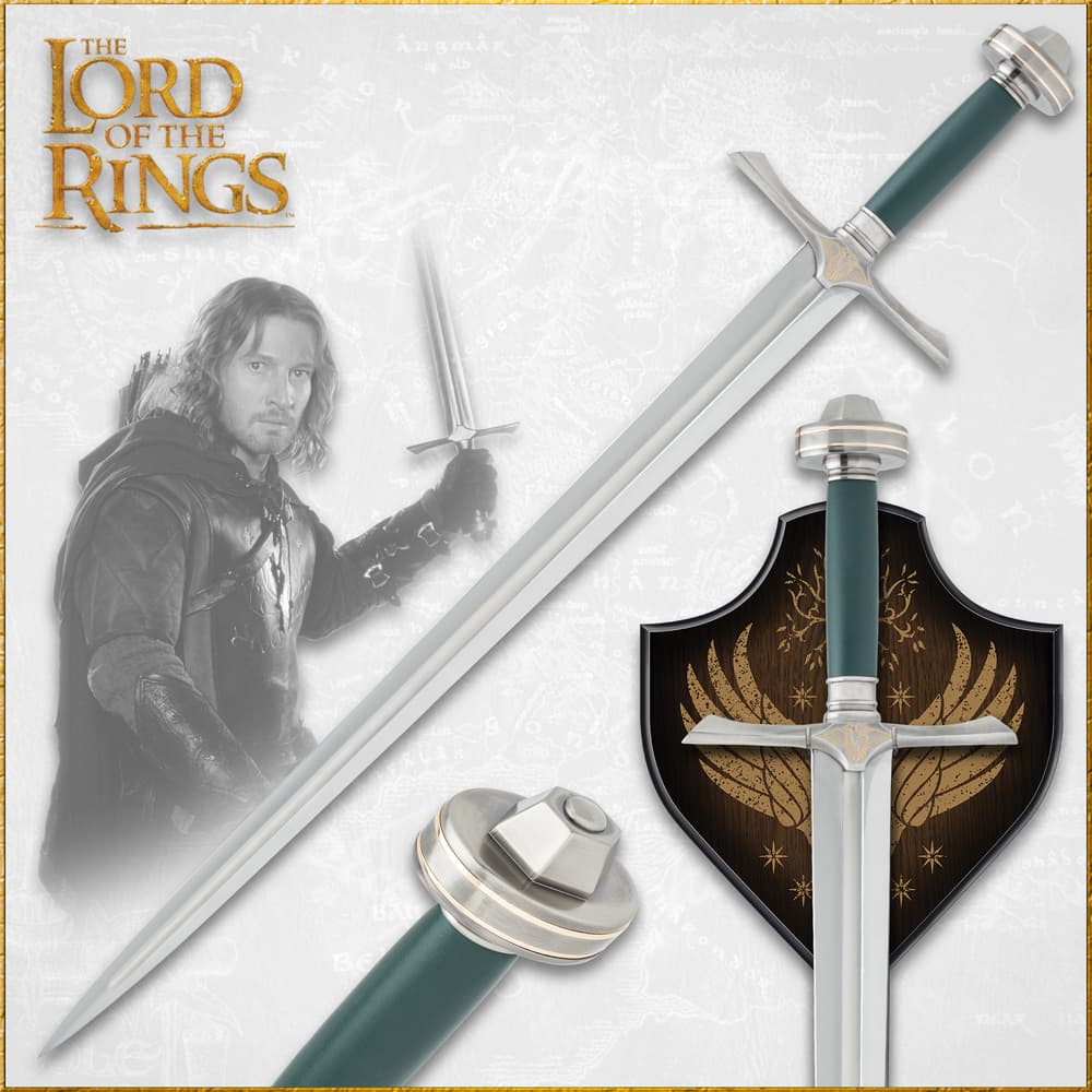 The Lord of the Rings Sword of Faramir shown with its display plaque and the full length of its blade image number 0