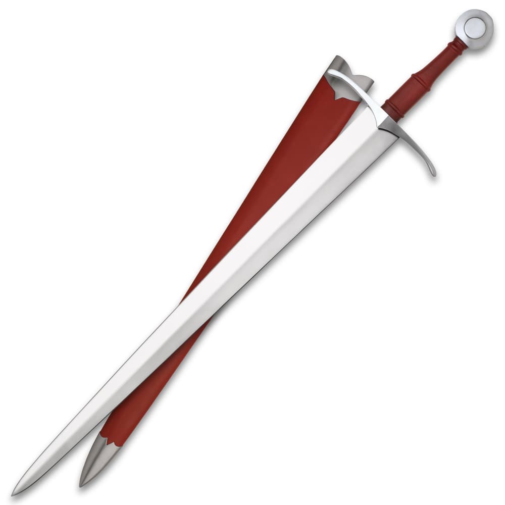 Sword with red handle and scabbard, angled view image number 0