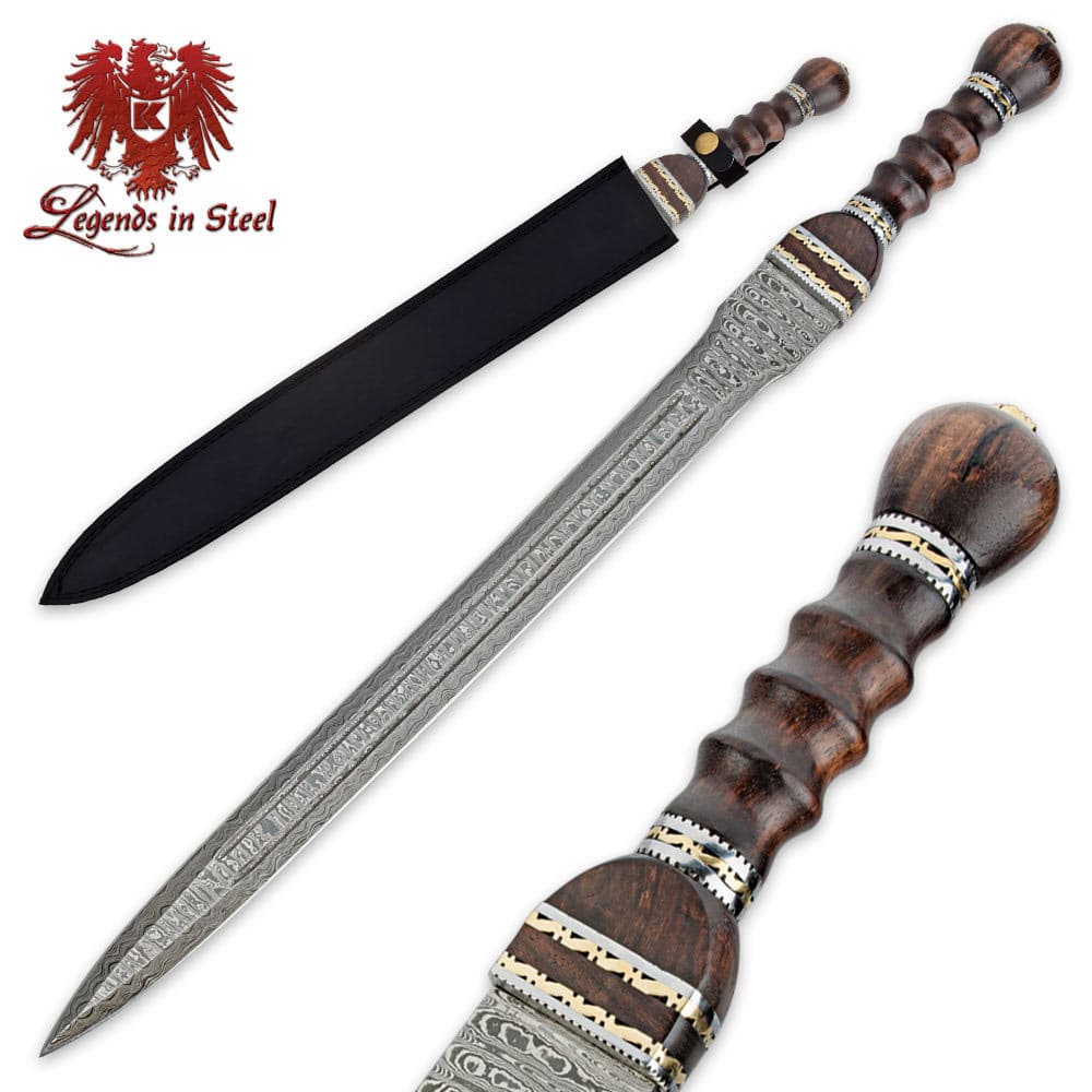 Legends in Steel gladiator sword with Damascus steel blade, carved heartwood handle with brass accents, and leather sheath. image number 0