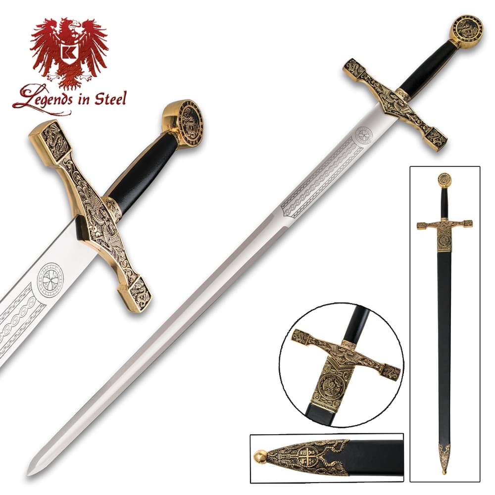 Legends in Steel Excalibur shown from five different views with gold accents and ornate guard, pommel, and scabbard. image number 0