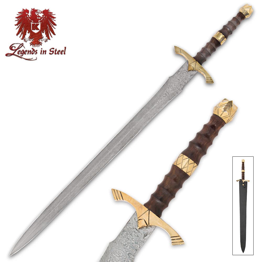 Legends in Steel sword shown with Damascus steel blade and heartwood handle with brass accents. image number 0