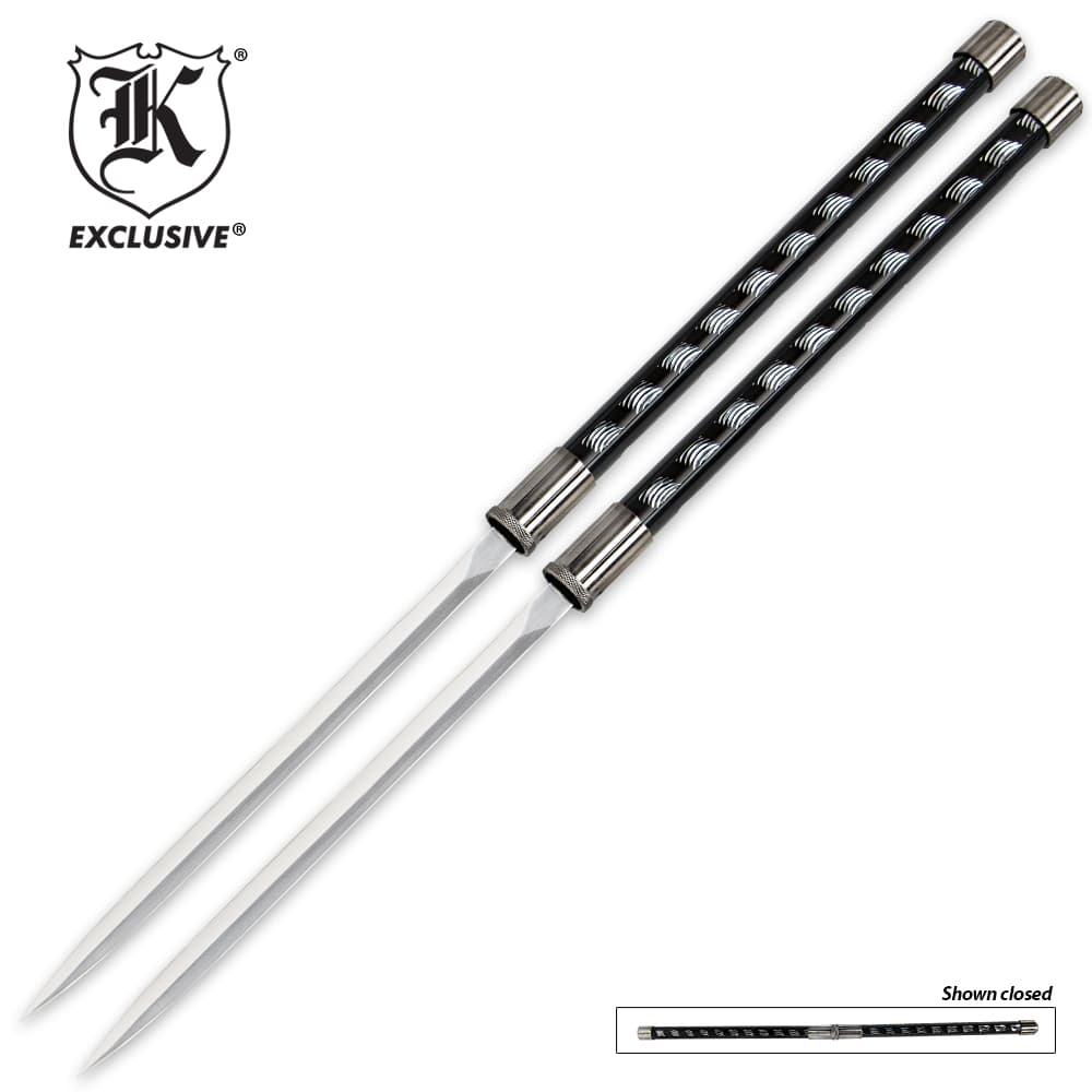 Twin ninja sword stainless steel stick set with black and silver decorative metal handles image number 0