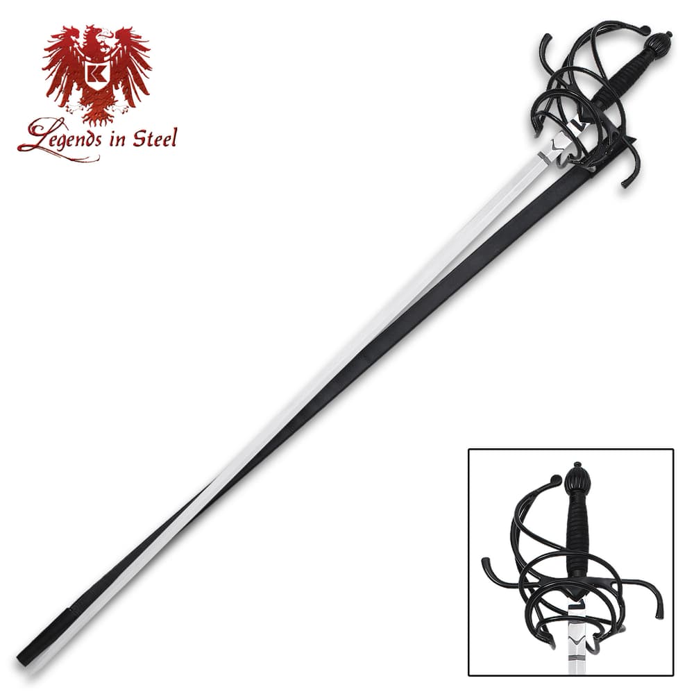 Legends in Steel black rapier sword with stainless steel blade sits atop black leather scabbard with a detailed view of the wire wrapped handle. image number 0