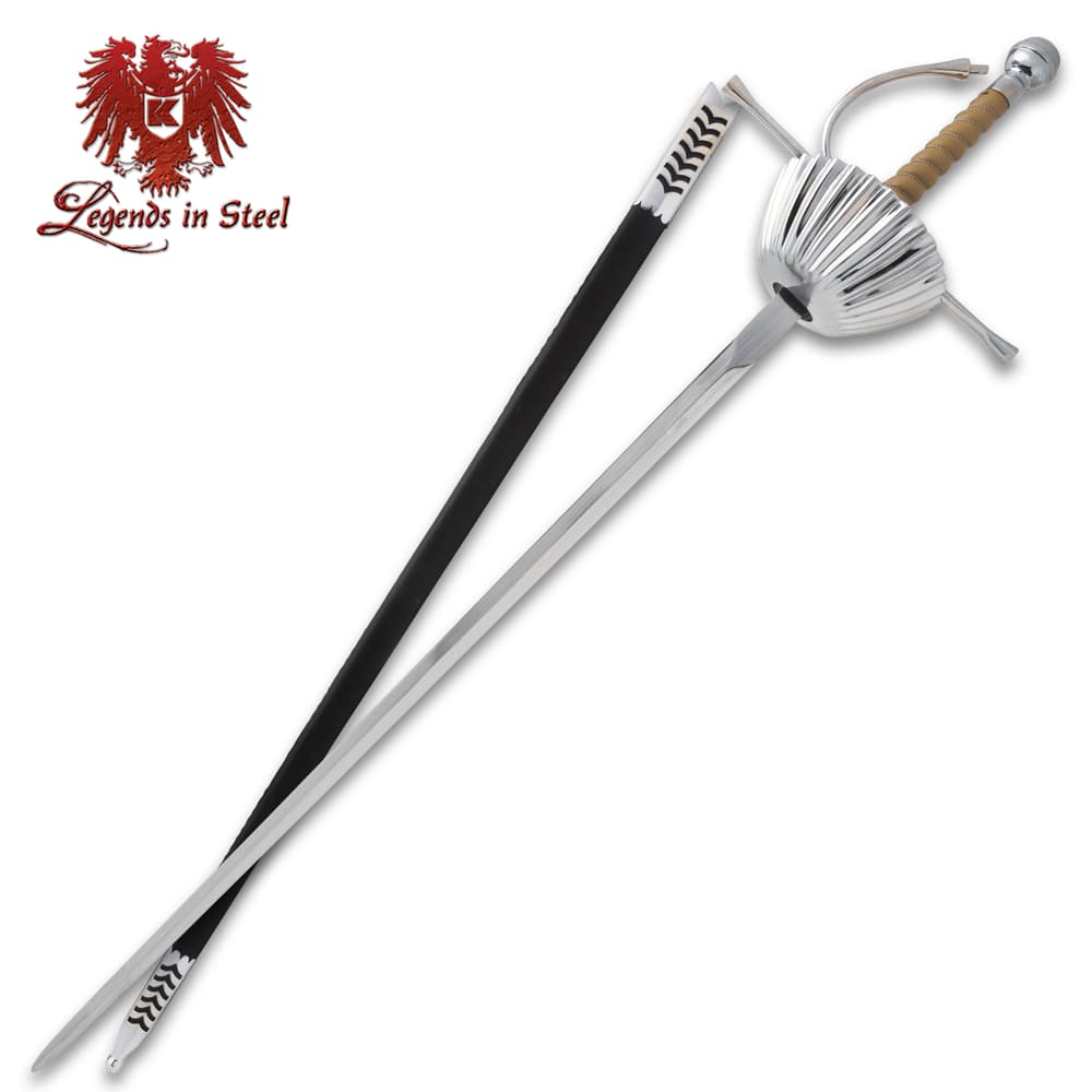 Silver rapier with black scabbard and ornate hilt image number 0