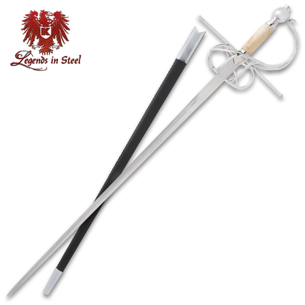 Medieval rapier with scabbard and ornate hilt image number 0