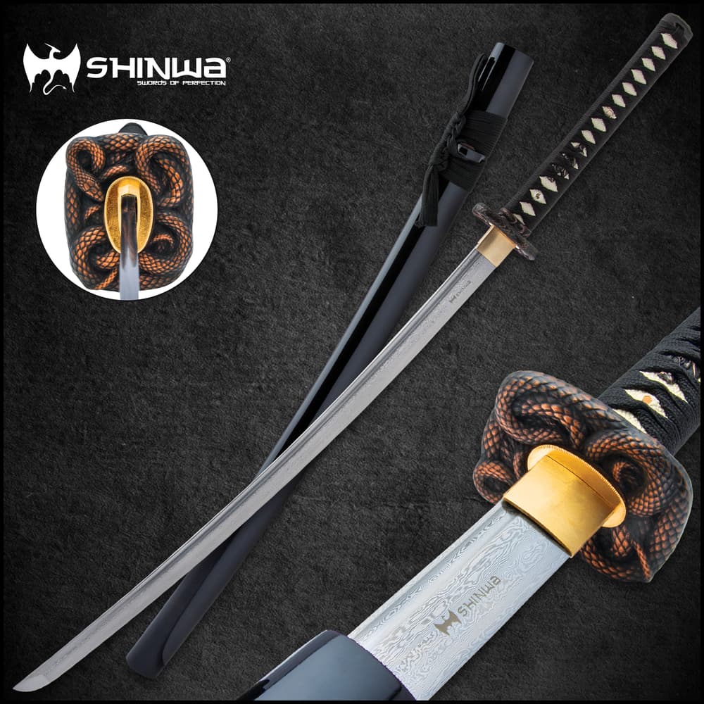 Black Serpent Shinwa katana sword attached to snake designed tsuba in bronze finish on top of all black wooden scabbard image number 0