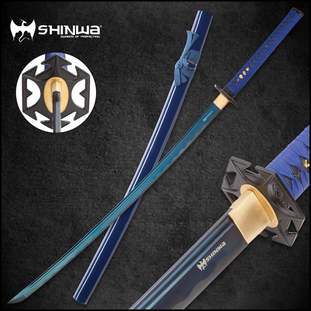 Shinwa Azure Sea Lily Handmade Katana - Hand Forged Blue 1045 Carbon Steel Blade, Blue Leather - Wooden Display Stand image number 0