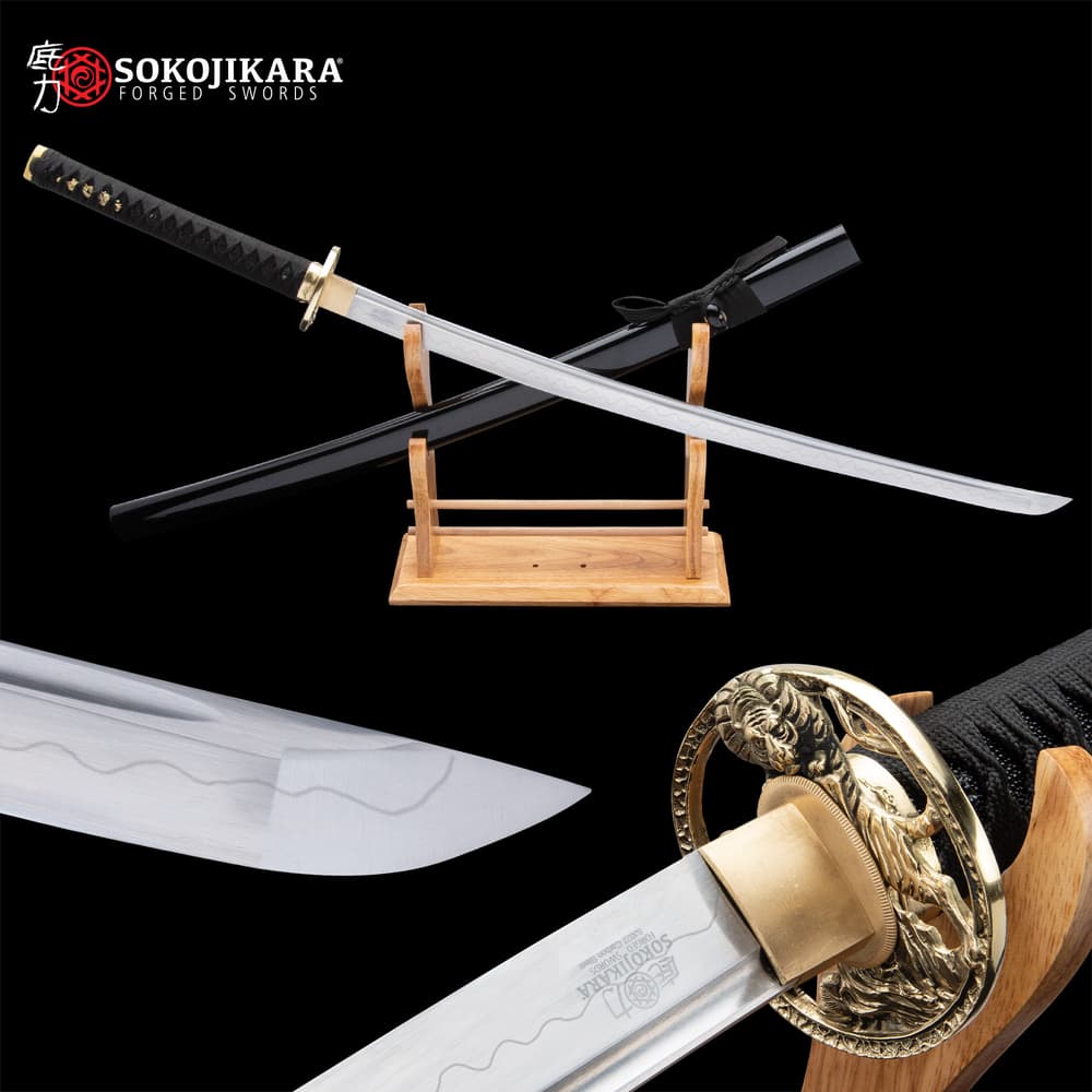 Sokojikara Golden Tiger Katana And Scabbard - T10 Clay Tempered Steel Blade, Genuine Black Rayskin, Brass Tsuba And Fittings -Length 39 3/4” image number 0