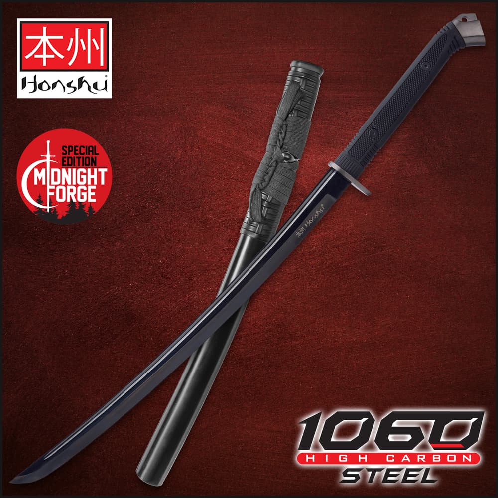 Special edition Black Honshu Boshin wakizashi 1060 high carbon steel blade with black TPR handle on to of cement blocks image number 0