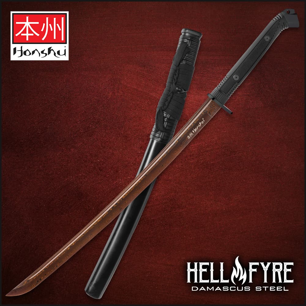 Honshu Boshin HellFyre Damascus Handmade Wakizashi Sword - Hand Forged HellFyre Damascus Steel, Exclusive Metallurgical Process - Full Tang, Modern Tactical - TPR Grip, Wooden Saya - 34" image number 0