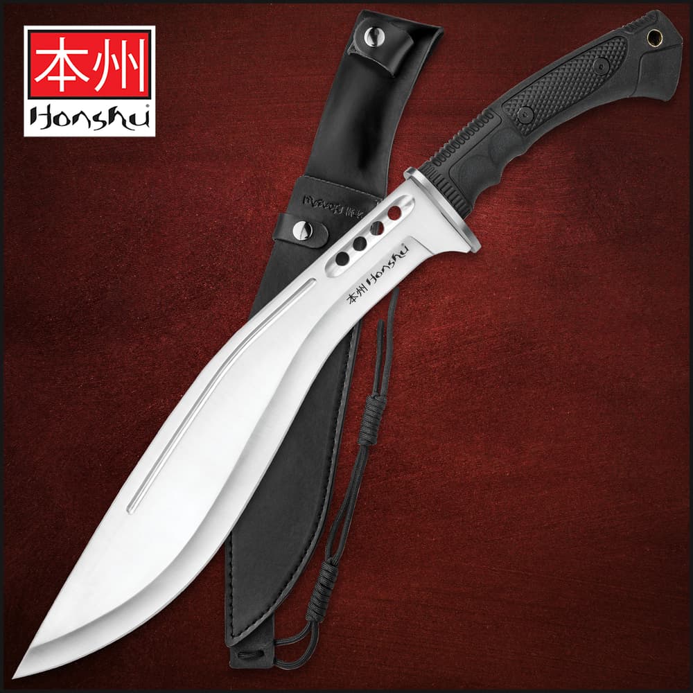 Honshu Boshin Kukri with Genuine Leather Belt Sheath - Full Tang 19 5/8" Gurkha Machete Fixed Blade - 7Cr13 Stainless Steel - Blood Groove, Cut-Outs - Textured, Molded TPR Handle - Lanyard Hole image number 0