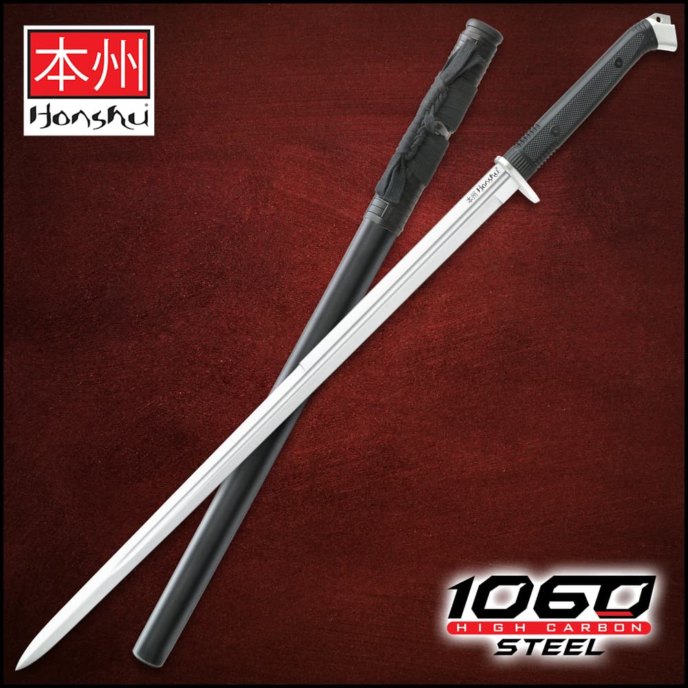 Honshu Boshin Double Edge Sword With Scabbard - 1060 Carbon Steel Blade, TPR Textured Handle, Stainless Guard And Pommel - Length 40 13/16” image number 0