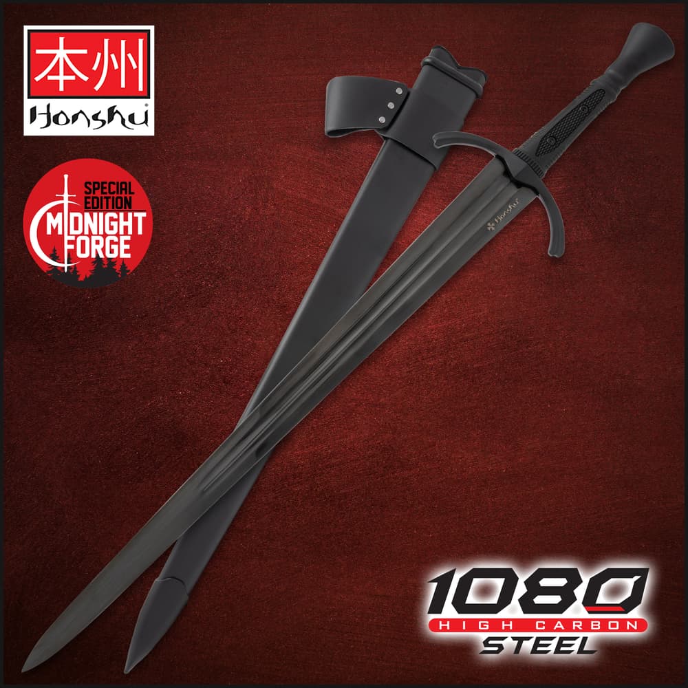 Black broadsword with sheath on red background image number 0
