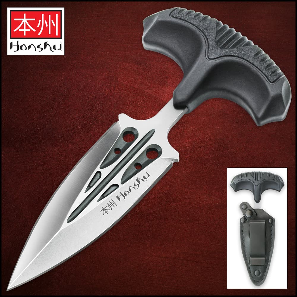 Honshu Large Covert Defense Push Dagger And Sheath - 7Cr13 Stainless Steel Blade, Molded TPR Handle - Length 5 7/8” image number 0